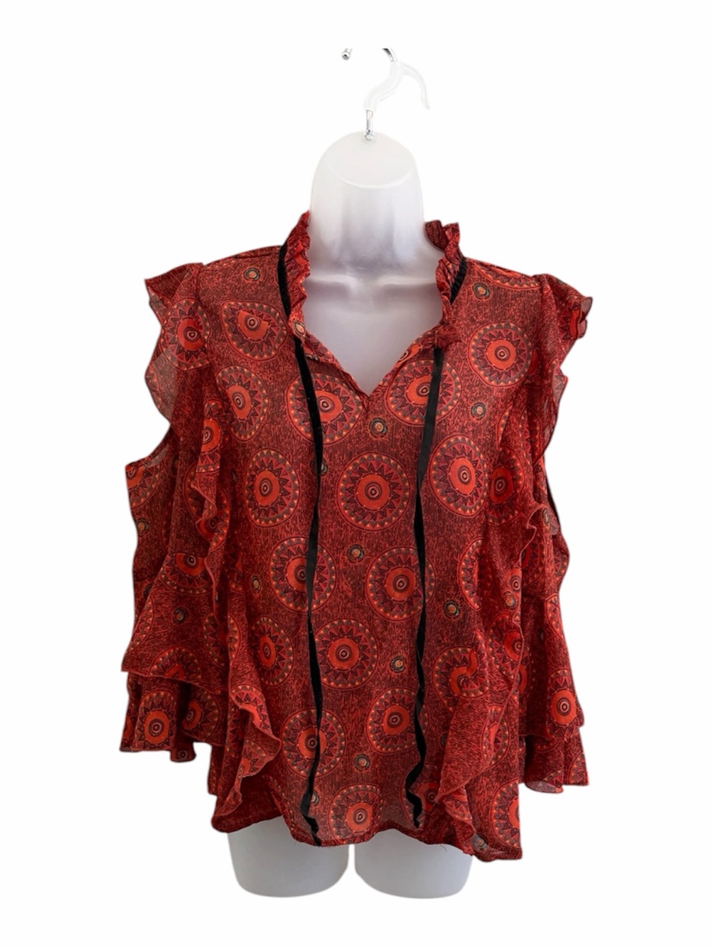 Boho Geometric Medallion Cold Shoulder Ruffle Blouse - Picture 2 of 8